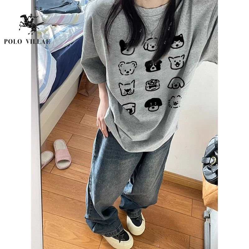 100% pure cotton american retro oversize gray shoulder short-sleeved t-shirt women‘s summer couple half sleeve top fashion