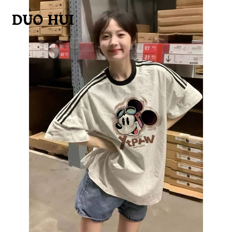 duohui100% pure cotton 240g heavy summer fashion brand cartoon printed 2024 new short-sleeved t-shirt women‘s top