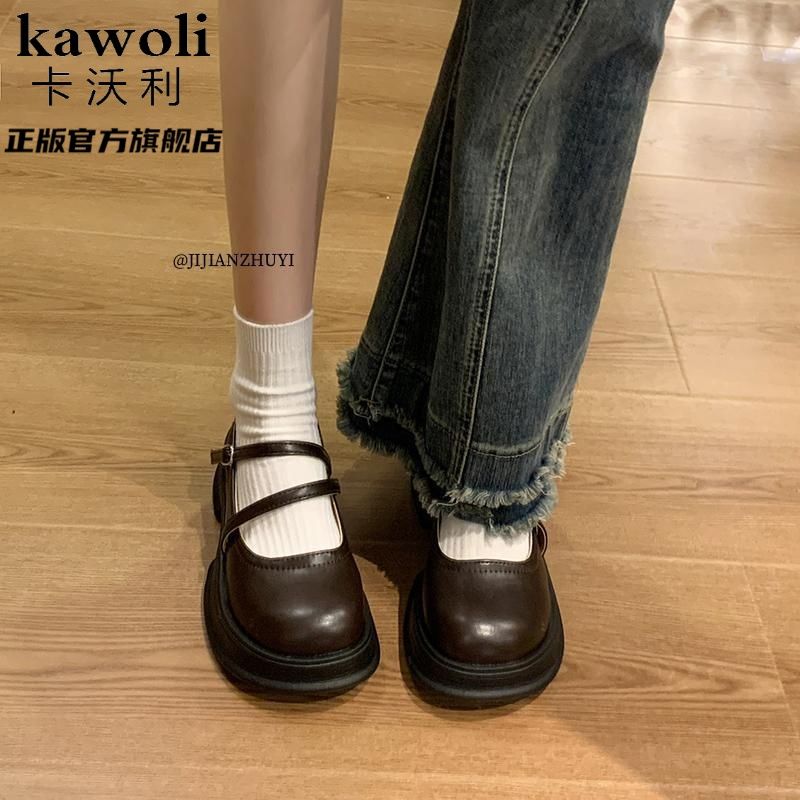 cavory brown round head thick bottom small leather shoes for women 2024 new spring retro british style japanese mary jane single