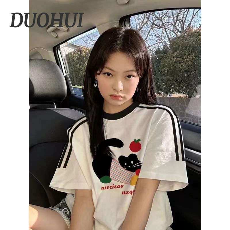 duohui100% pure cotton american retro 2024 short sleeve striped t-shirt summer new small loose top