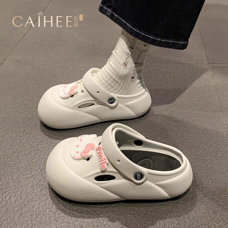 caihee hole shoes for women 2024 new summer thick bottom for outdoors kitten cute head cover slippers for women