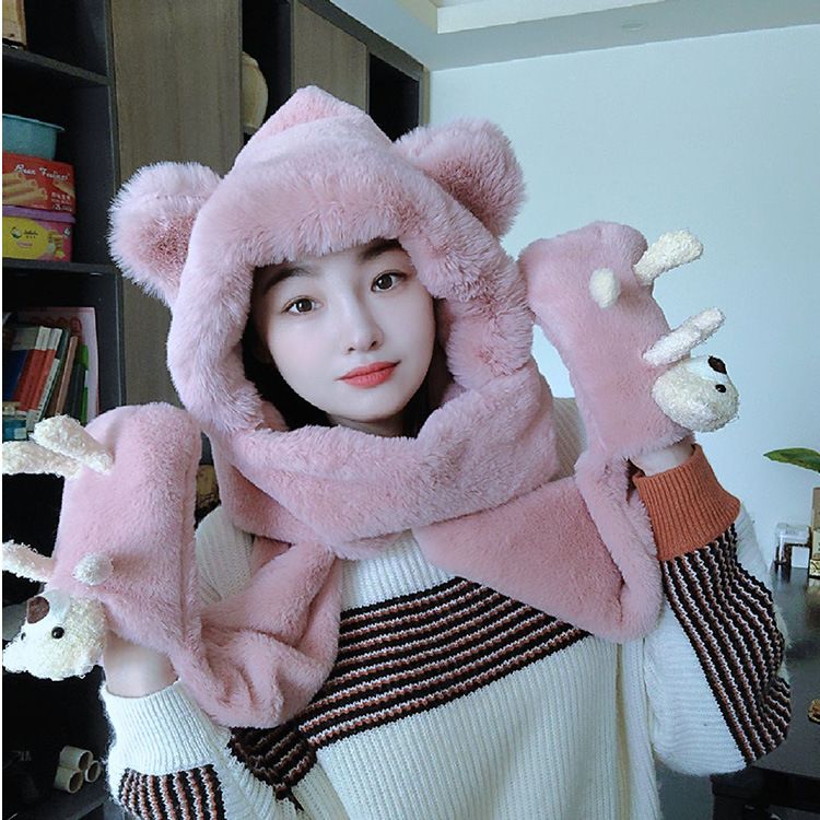 hat scarf gloves women‘s three-piece set winter student bear hooded cute winter all-in-one warm keeping plush scarf