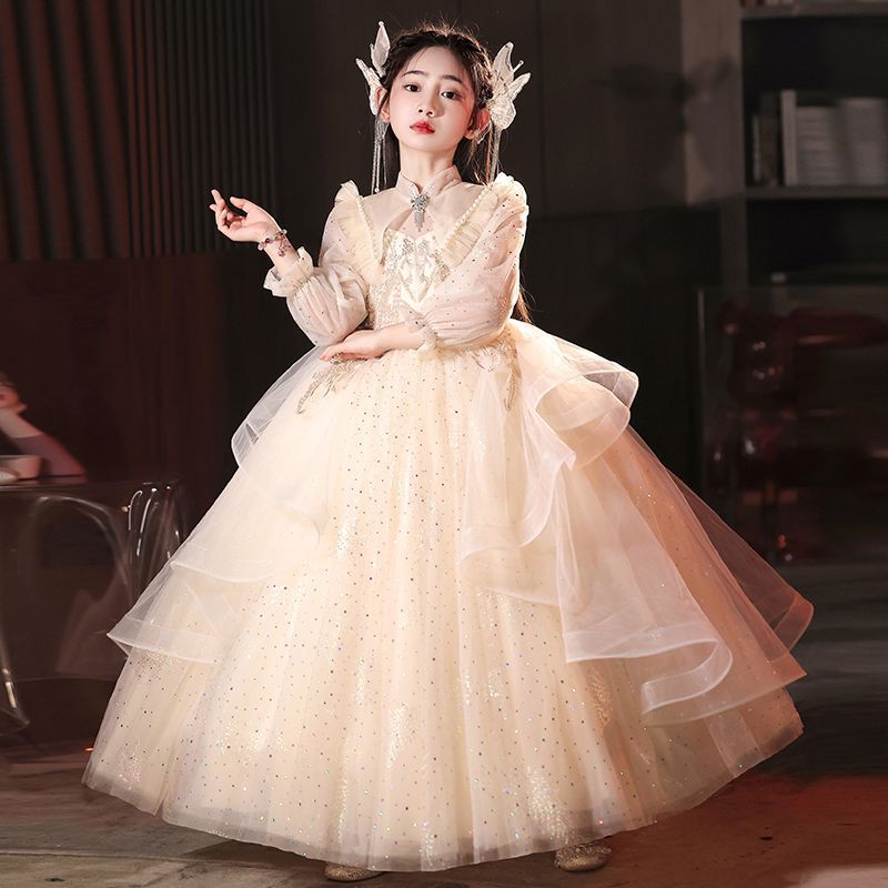 children‘s host costume for piano performance girls high-end affordable luxury niche dress flower girl wedding little girl princess dress