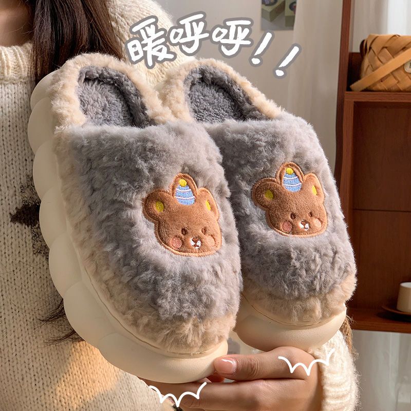 2024 winter new lamb fleece thickened fur slipper home indoor fashion couple non-slip thick-soled cotton slippers women