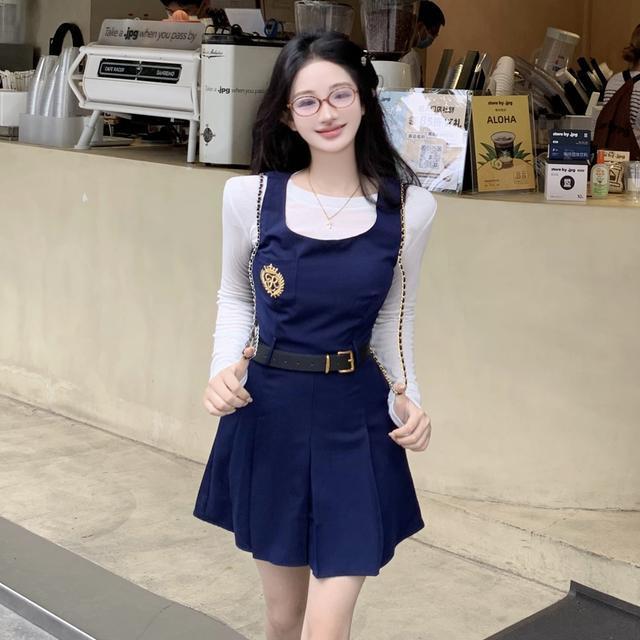 preppy style navy blue vest dress women‘s early autumn design sense korean style waist-tight slimming pleated skirt two-piece suit