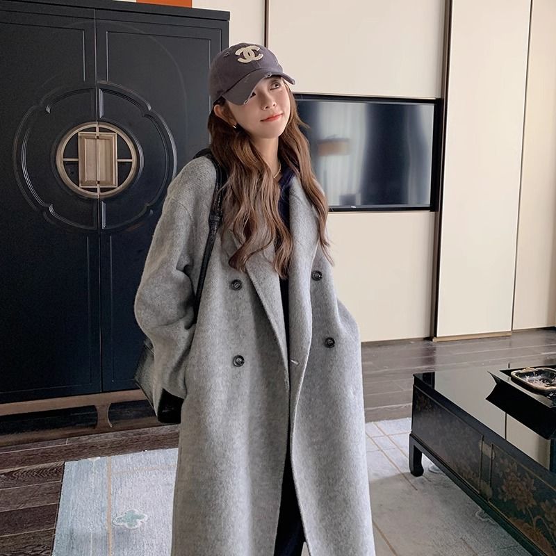 gray double-sided woolen coat women‘s 2024 autumn and winter new korean style loose mid-length popular woolen coat