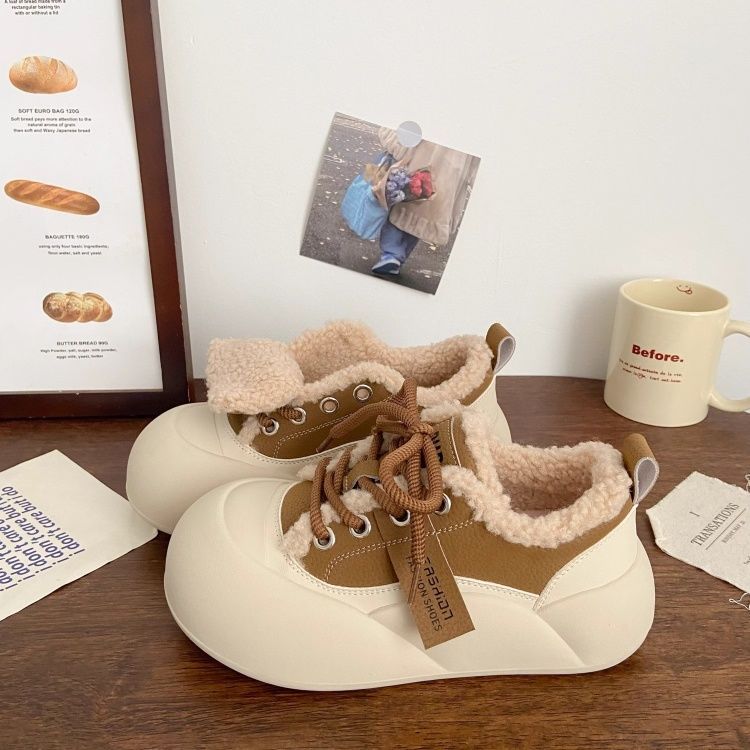 milky white fleece-lined two cotton white shoes women‘s ugly cute winter new chic minority all-match cotton shoes big head bread shoes