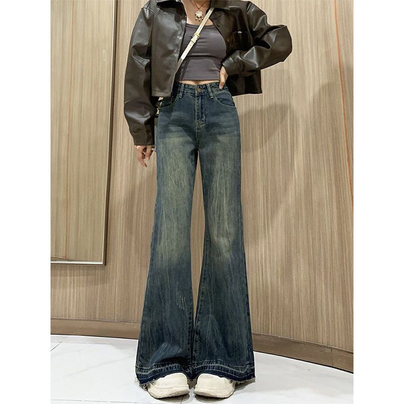 retro flared 2024 autumn and winter jeans new american high waist loose slim pants for small people