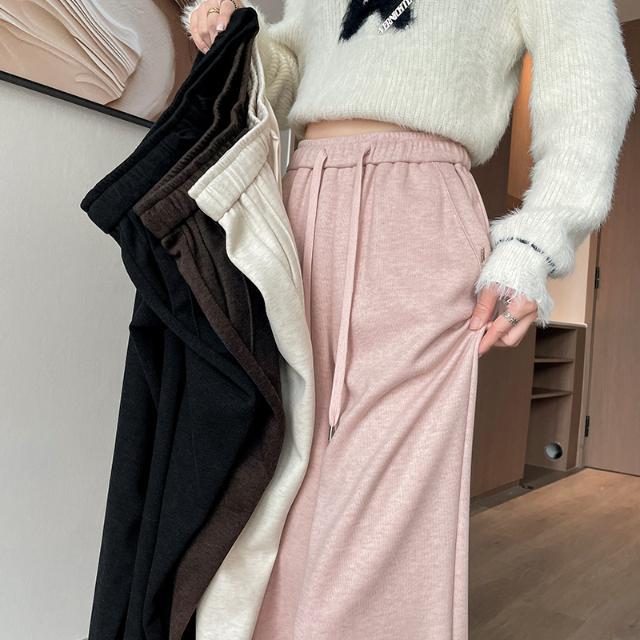 tall autumn and winter mop pants fleece-lined high waist cashmere wide leg pants glutinous rice pants narrow version casual mopping pants mop pants women