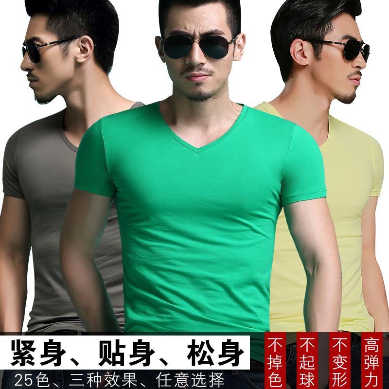 2020 Spring Summer Men's Clothing Short Sleeve T-shirt V-neck Slim Fit Trendy Men Half Sleeve Pure Color Tight Sports Bottoming Shirt