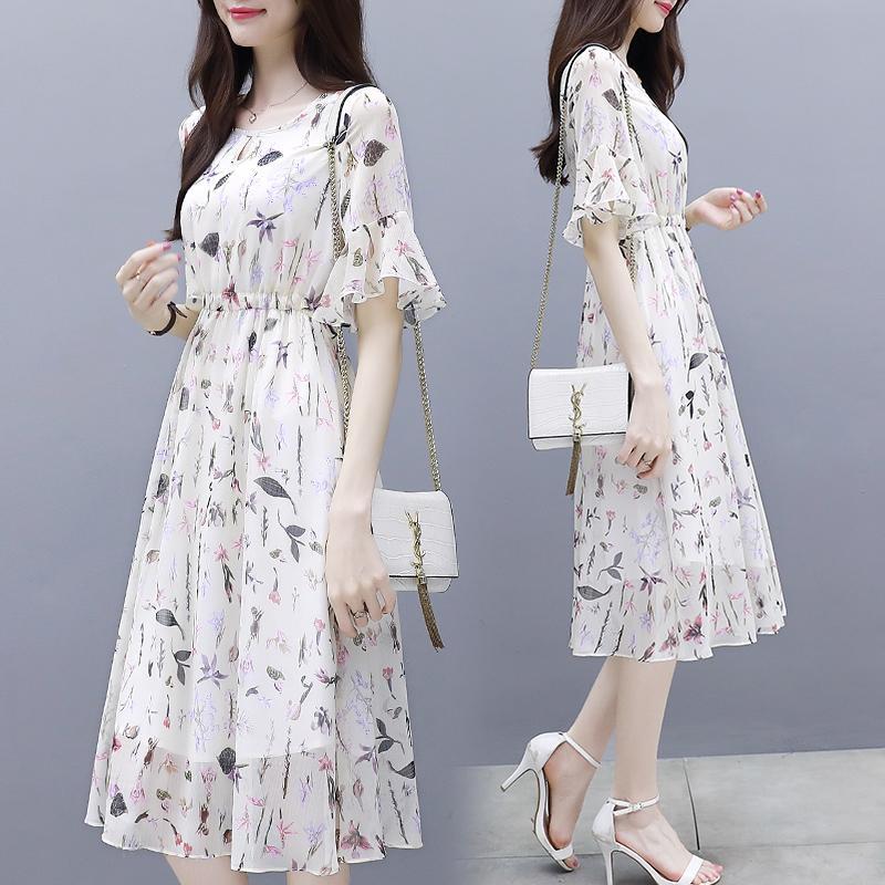 chiffon dress 2021 new summer elegant slimming printed fairy a- line mid-length waist floral skirt