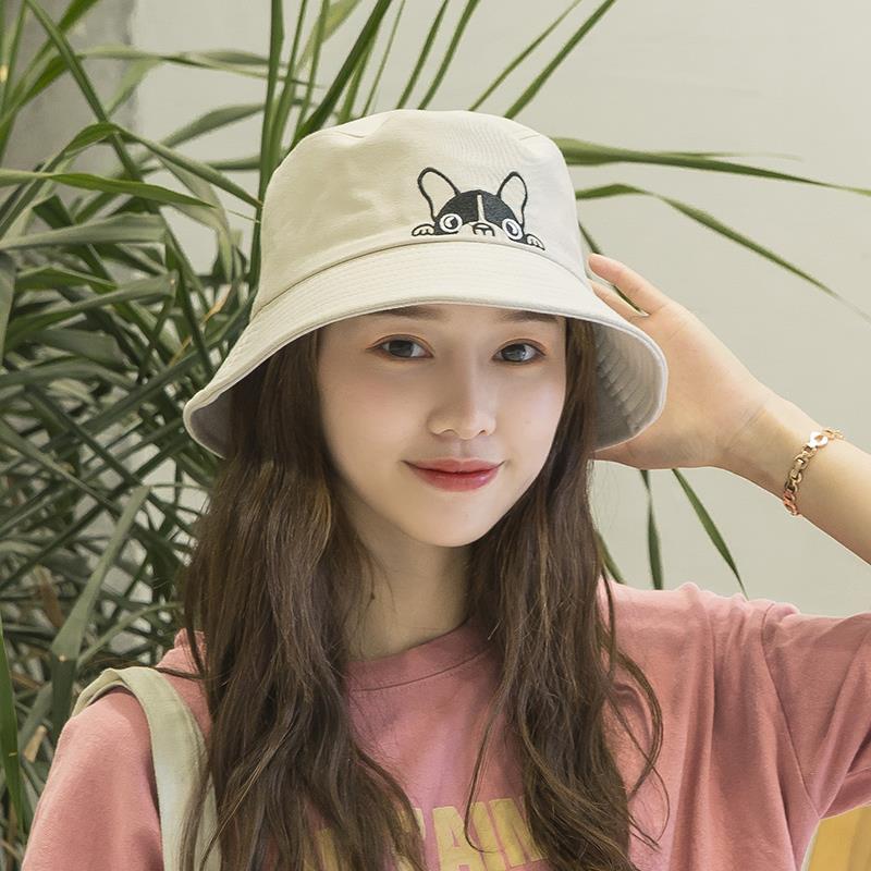 cute puppy embroidered sun protection pure colored fresh bucket hat female versatile student korean style japanese style literary fisherman hat