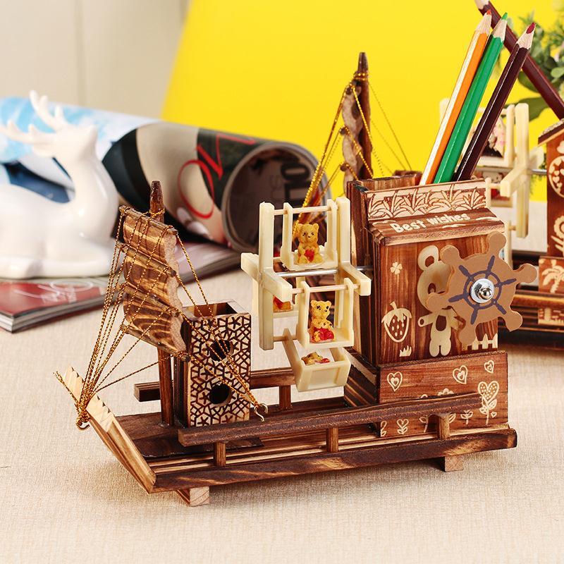 m1512 wooden house windmill sailboat rotating music box 60-273 creative wooden pen holder students‘ birthday present