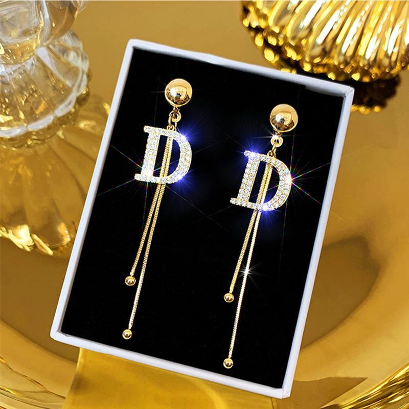 silver needle full diamond letter d long earrings female korean temperament fashion tassel earrings versatile personality internet influencer stud earrings