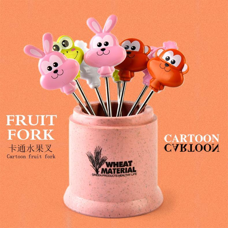 Fruit Fork Set Creative Cute Children Baby Stainless Steel Household Cartoon Plastic Wheat Fork Storage Jar