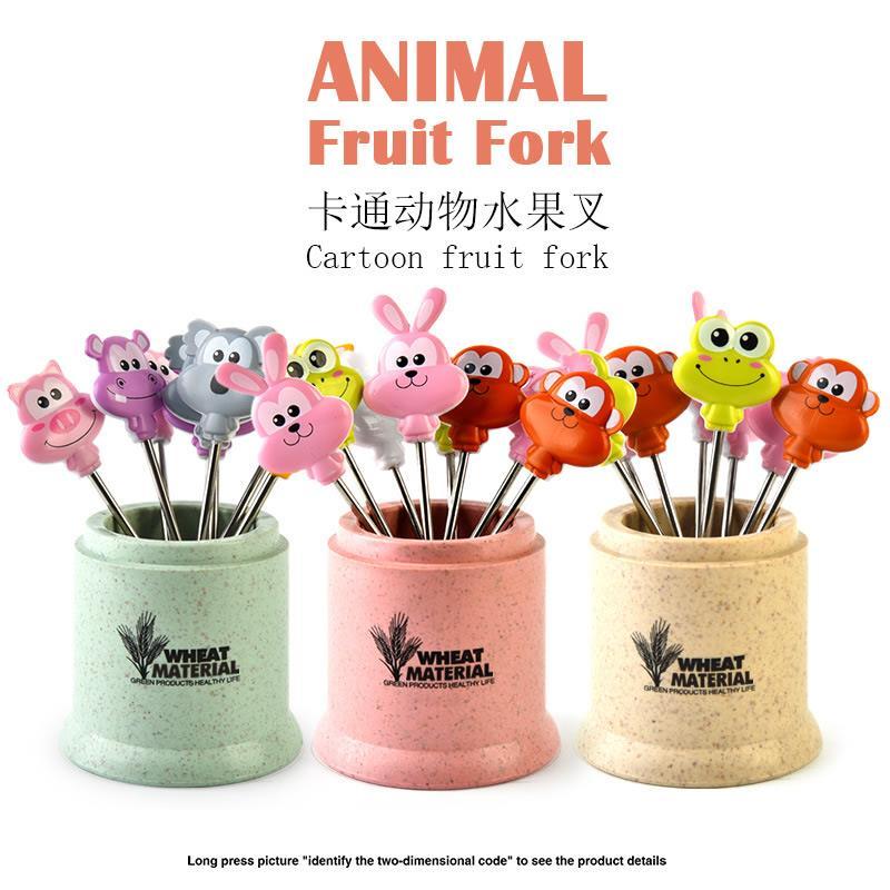 Fruit Fork Set Creative Cute Children Baby Stainless Steel Home Cartoon Plastic Wheat Fork Storage Tank