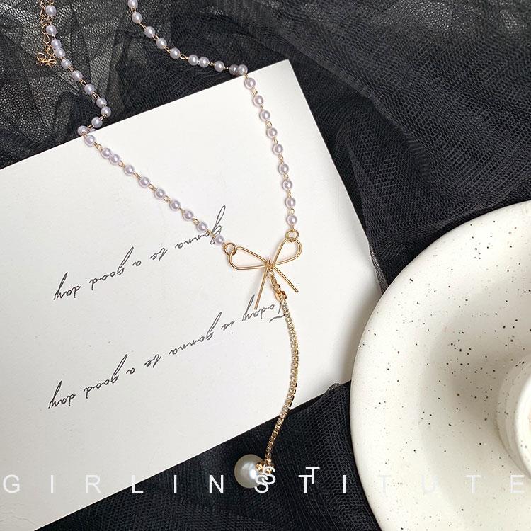 Design Bow Pearl Necklace for Women Ins Simple Internet Celebrity Niche Personality Exquisite Clavicle Chain Short Necklace