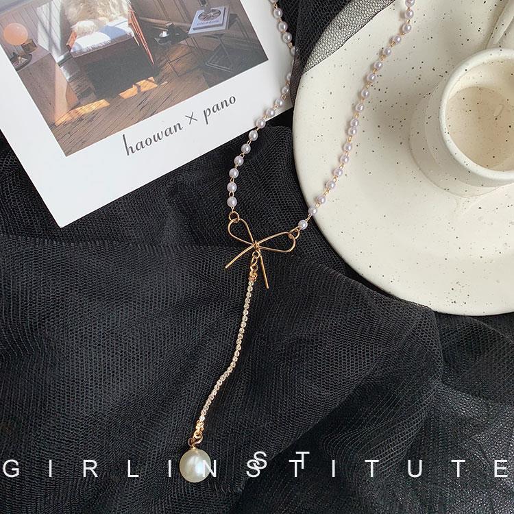 Design Bow Pearl Necklace for Women Ins Simple Internet Celebrity Niche Personality Exquisite Clavicle Chain Short Necklace