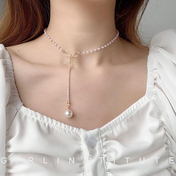 Design Bow Pearl Necklace for Women Ins Simple Internet Celebrity Niche Personality Exquisite Clavicle Chain Short Necklace