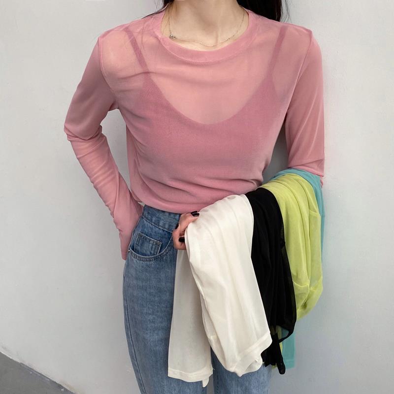 Thin Long Sleeve Sun-Protection Overshirt Women's 2023 Summer New Ins Chic Elegant Mesh Bottoming Shirt Women's Ice Silk Inner Wear T-shirt