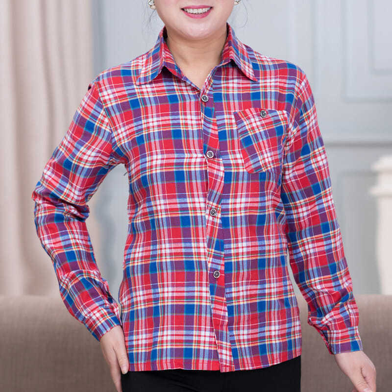 Middle-Aged and Elderly Summer Sun Protection Shirt Women's Wear Mother's Wear Casual Plaid Long Sleeve Cardigan Spring and Autumn Thin Loose Shirt