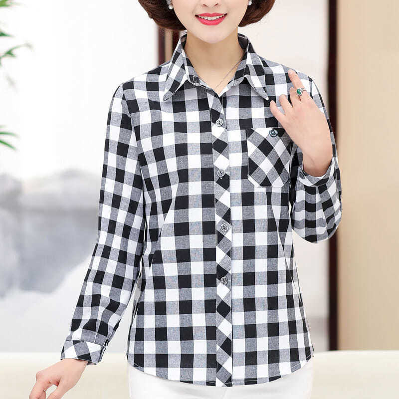 Middle-Aged and Elderly Summer Sun Protection Shirt Women's Wear Mother's Wear Casual Plaid Long Sleeve Cardigan Spring and Autumn Thin Loose Shirt