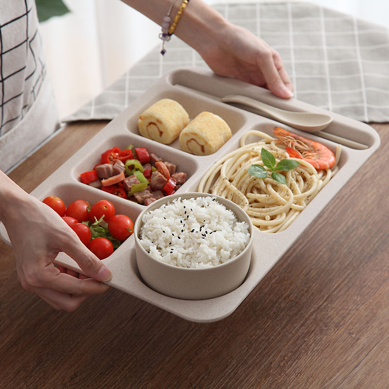 wheat straw student meal tray large capacity rectangular canteen plate bowl set drop-resistant fast food plate compartment adult