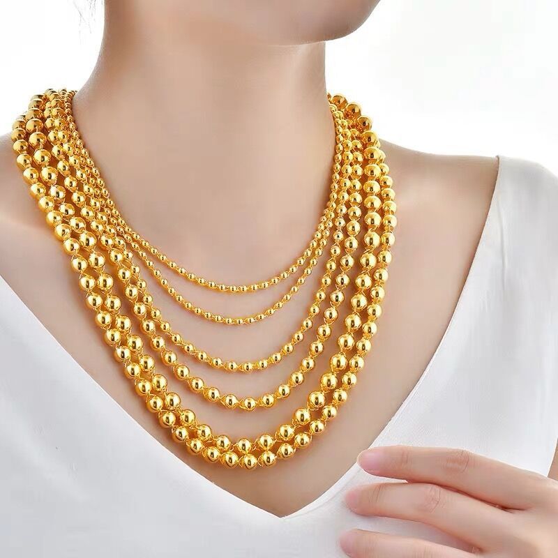 New Solid Light Bead Necklace for Men and Women Internet Celebrity Ins Fashion Retro Style Turn Brass Gold Plated No Color Fading
