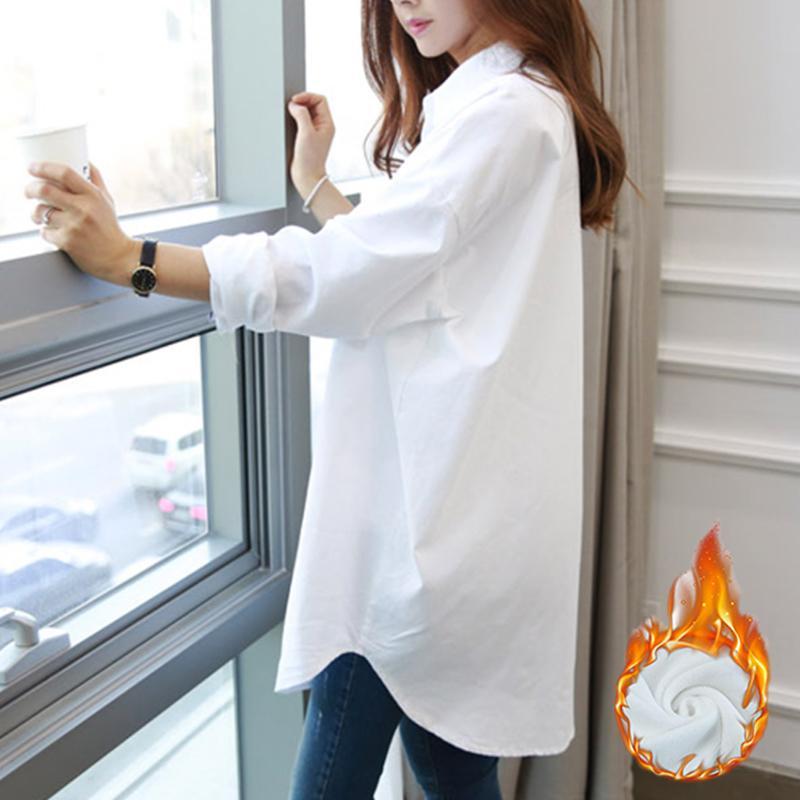 fleece-lined korean style mid-length plus size design sense niche white shirt women‘s spring and autumn bf belly covering casual western style shirt