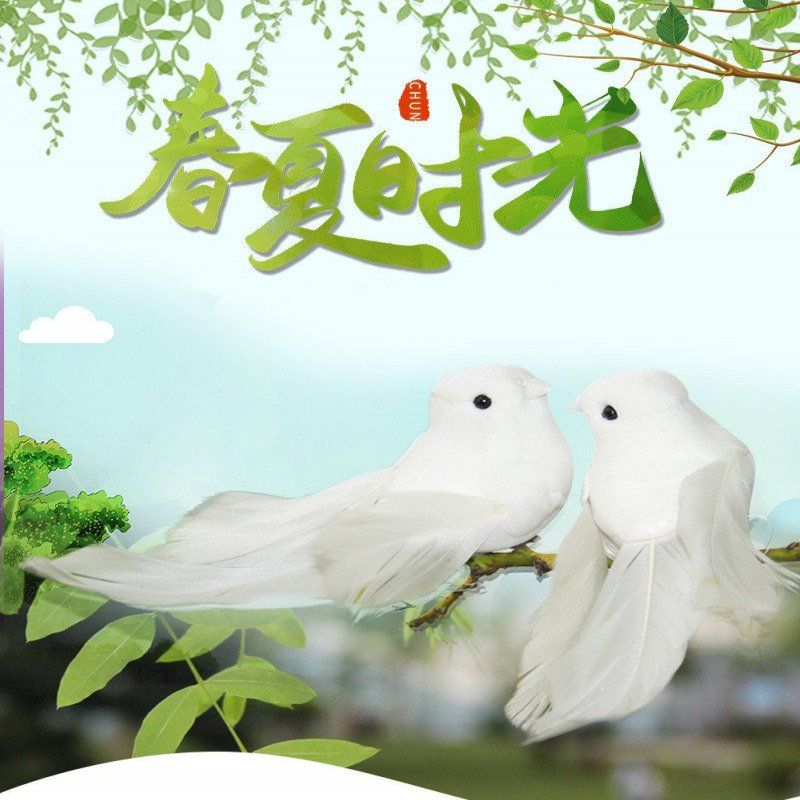 Artificial White Bird Decoration True Feathers Fake Bird Binding Bonsai Wall-Hung Decorations Hanging Branch White Pigeon Model