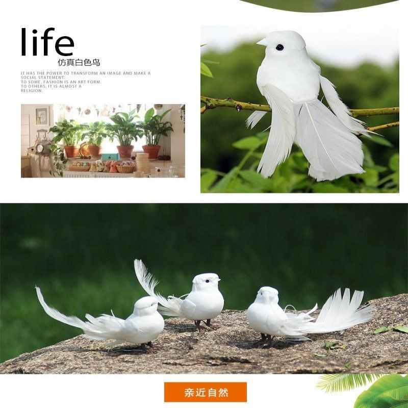 Artificial White Bird Decoration True Feathers Fake Bird Binding Bonsai Wall-Hung Decorations Hanging Branch White Pigeon Model