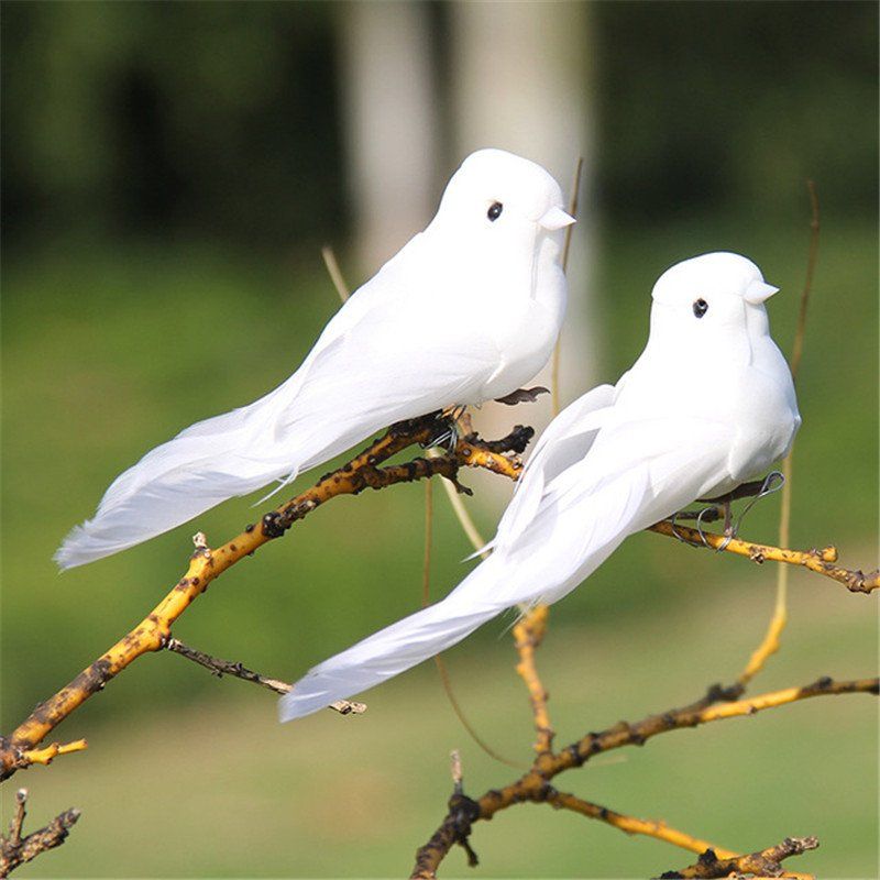 Artificial White Bird Decoration True Feathers Fake Bird Binding Bonsai Wall-Hung Decorations Hanging Branch White Pigeon Model