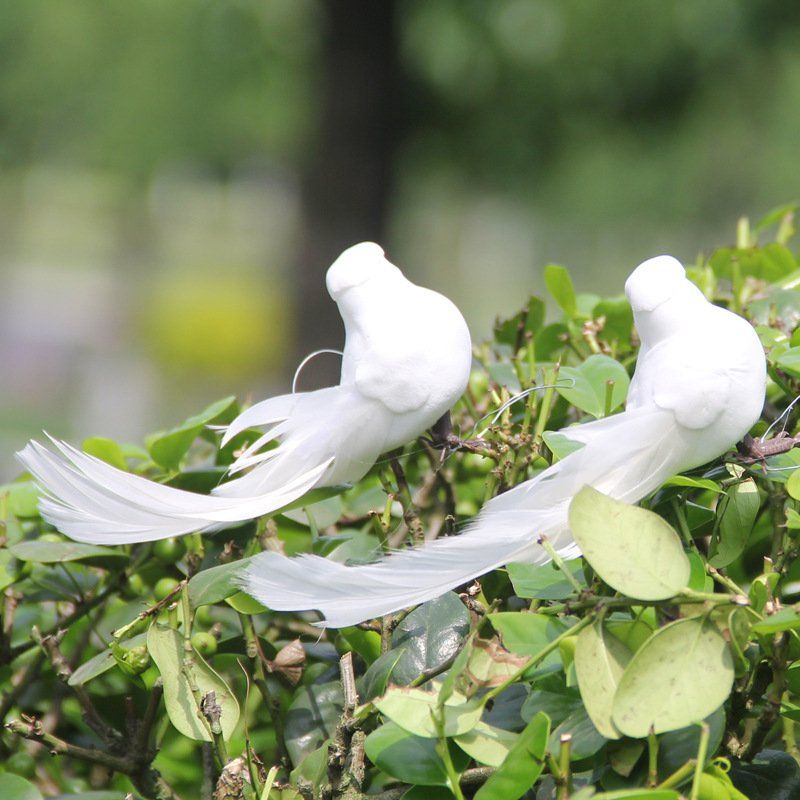 Artificial White Bird Decoration True Feathers Fake Bird Binding Bonsai Wall-Hung Decorations Hanging Branch White Pigeon Model