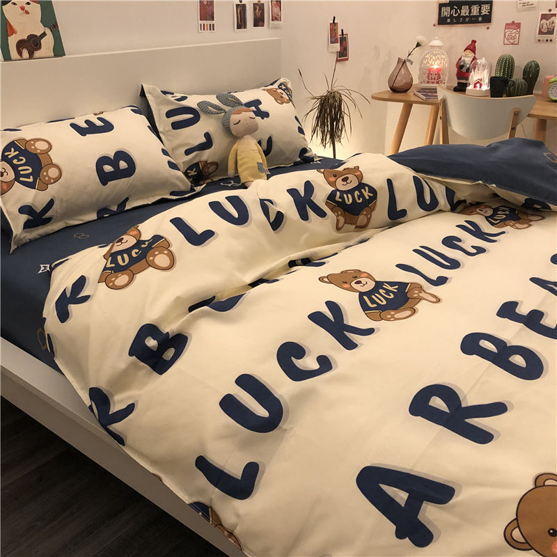 ins style little bear bed simple four-piece set washed cotton bed sheet quilt cover cartoon student dormitory three-piece set