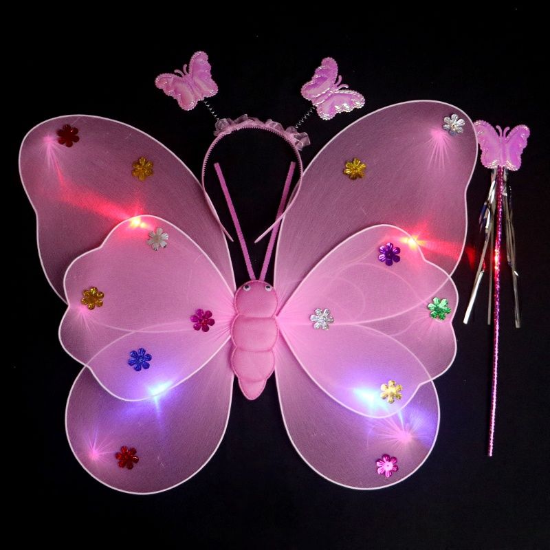 light-emitting butterfly wings little girl‘s back decoration children‘s flash toy wonderful fairy magic stick farcent three-piece set