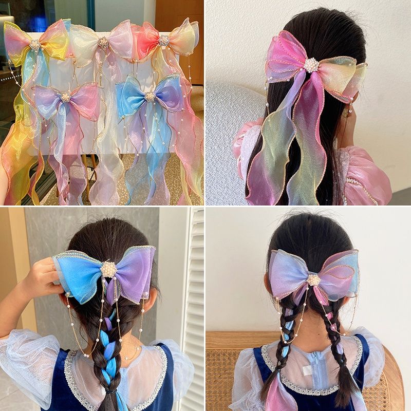 children‘s hair accessories pearl tassel bow ribbon braided hair barrettes headwear female summer girl princess hair band female hair tie