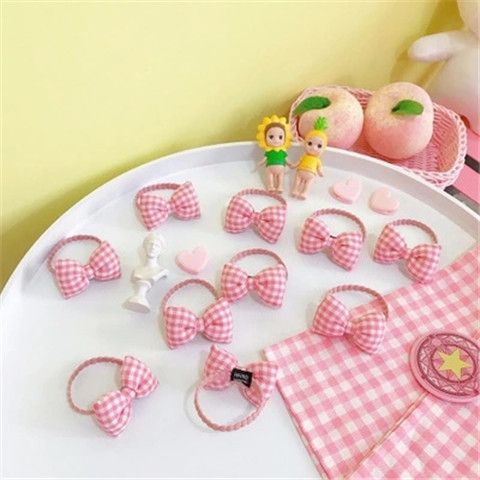 japanese style sweet and cute pink plaid bowknot hair ring lin xiaozhai hair rope mori girl rubber band ornament leather case