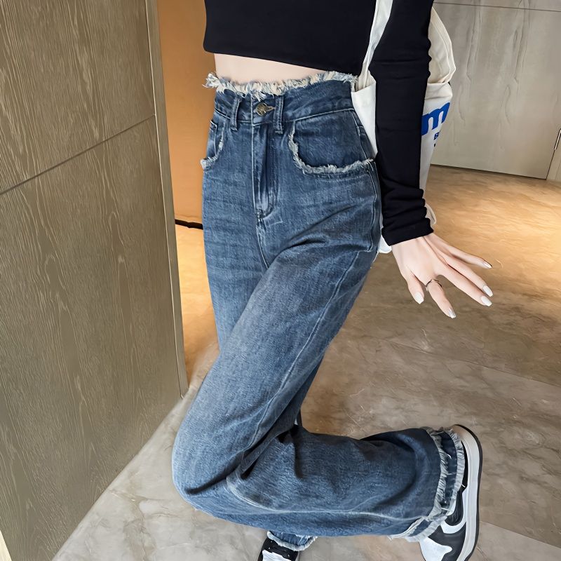 秋冬加絨牛仔褲女小眾設計感垂感高腰闊腿褲小個子顯瘦毛邊拖地褲