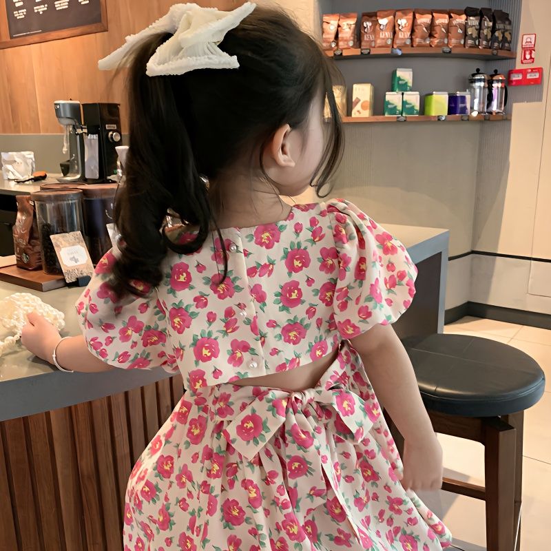 女童碎花連衣裙夏裝兒童2023新款露背裙子小女孩洋氣泡泡袖公主裙
