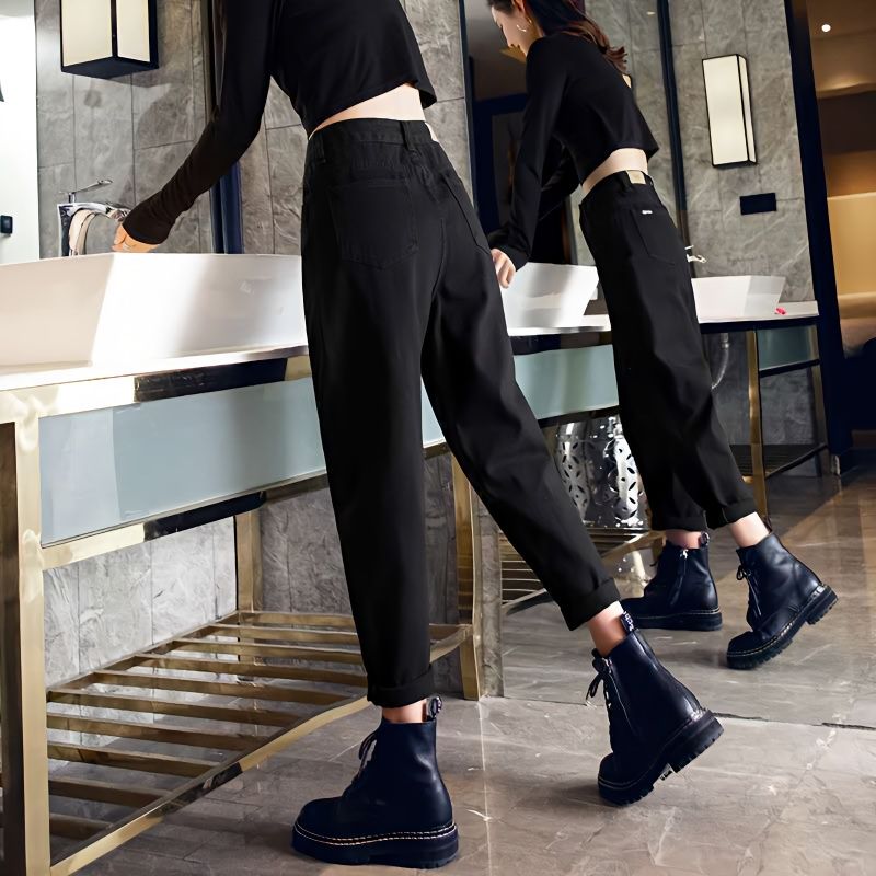高腰顯瘦黑色牛仔褲女2023春秋新款寬鬆百搭哈倫蘿蔔九分老爹褲子