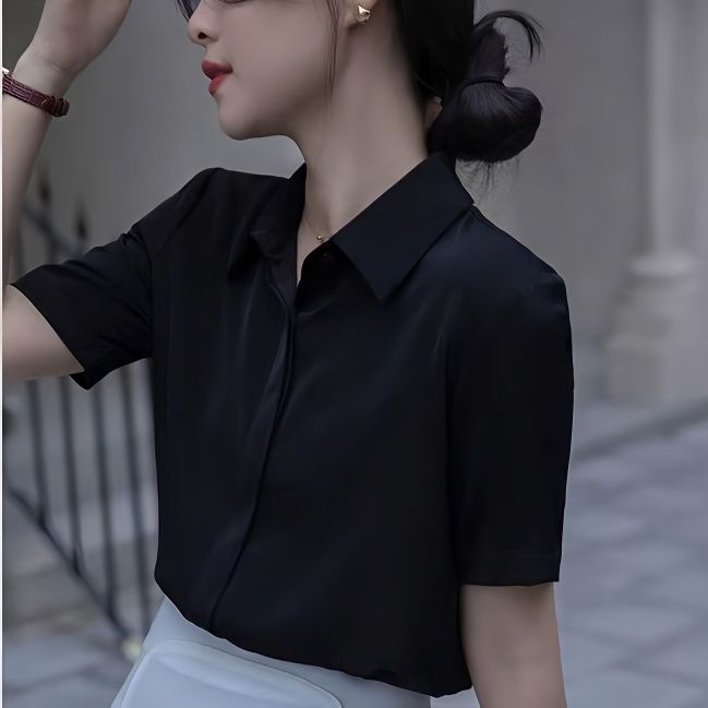 2023夏季新款簡約百搭黑色短袖襯衫女韓版寬鬆純黑襯衣雪紡上衣潮