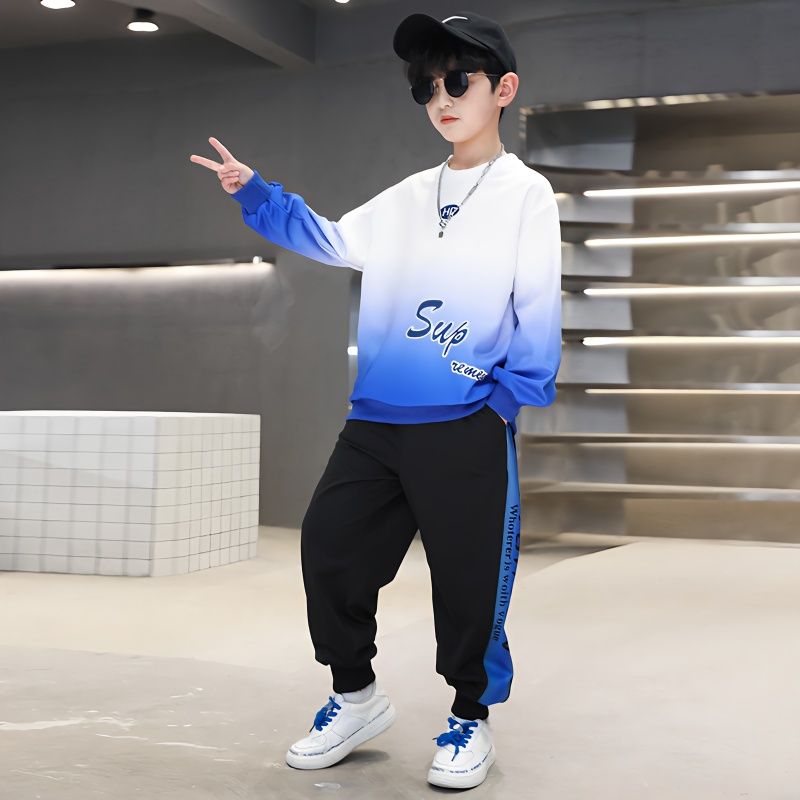 兒童套裝男童春裝2023新款中大童春秋款漸變衛衣運動服帥氣時髦潮