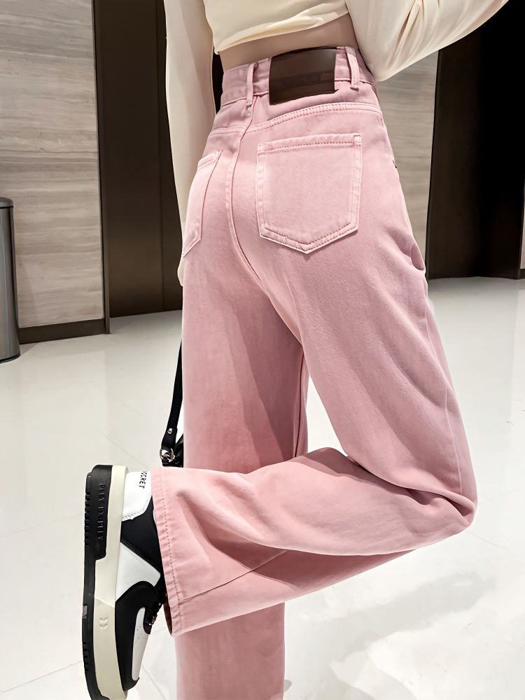 粉色牛仔褲女高腰闊腿褲春夏2023新款寬鬆小個子垂感休閒直筒褲子