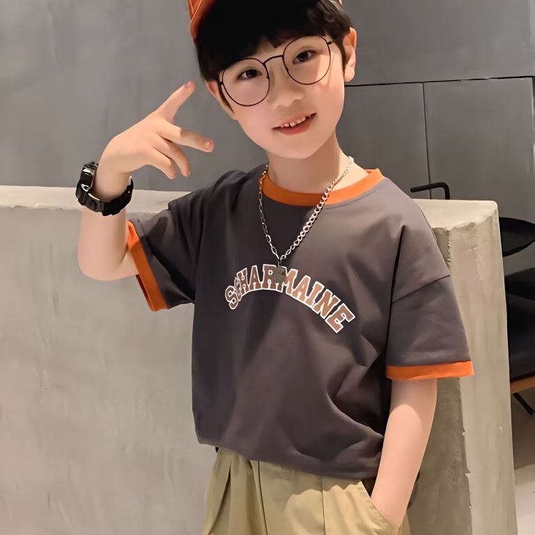 Children's clothing boys short-sleeved 2023 new summer medium and large children's letters handsome children's t-shirt boys pure cotton tops trendy