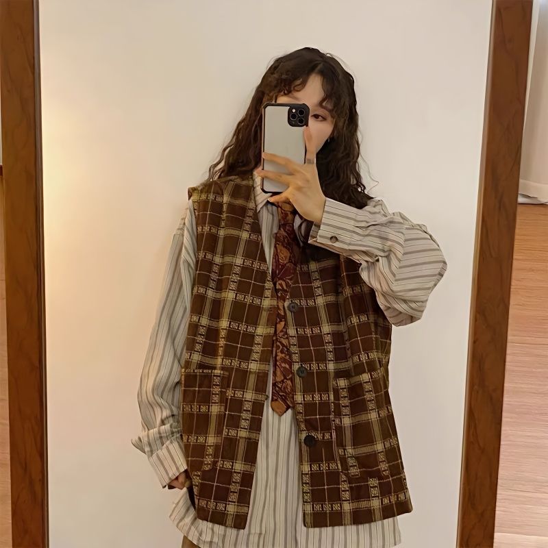 兩件套裝/單件春秋復古英倫風格子開衫馬甲外套女搭配條紋襯衫潮