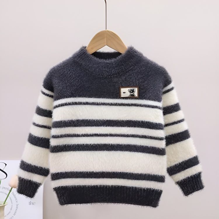 中小男童童装毛衣2025秋冬男童新款圆领套头条纹儿童针织衫加厚