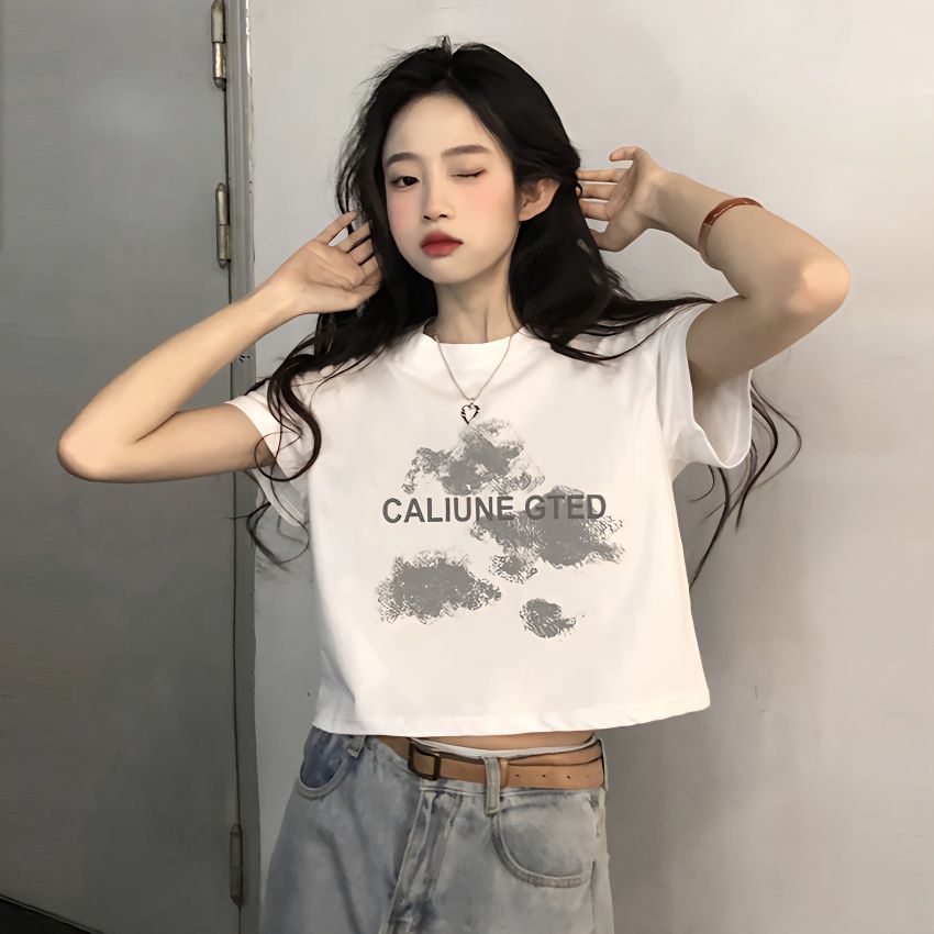 純棉短袖短款t恤女夏季新款寬鬆內搭百搭bm風高腰露肚臍ins上衣服