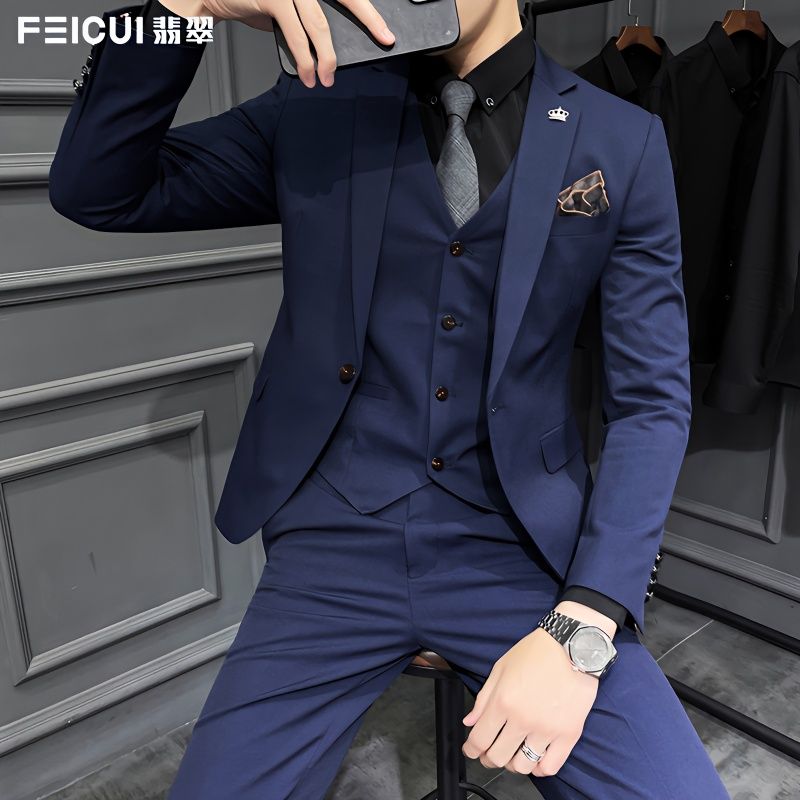 FEICUI high-end suit full set men's flat lapel collar one button business casual suit jacket groom wedding dress