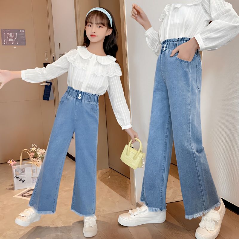 女童牛仔闊腿褲洋氣寬鬆春秋裝2023新款兒童休閒長褲子女學生童裝