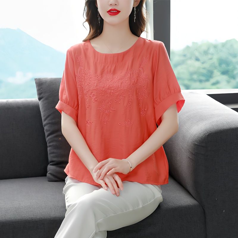 純色棉麻衫襯衣女短袖2023夏裝新款寬鬆顯瘦遮肚上衣洋氣質小衫